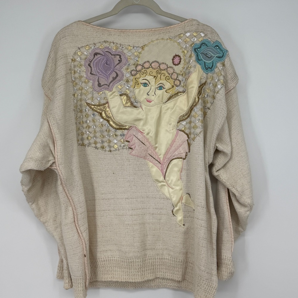 SZATO Knit Sweater Embellished Cherub Angel Gold Sparkle Made in USA Size L